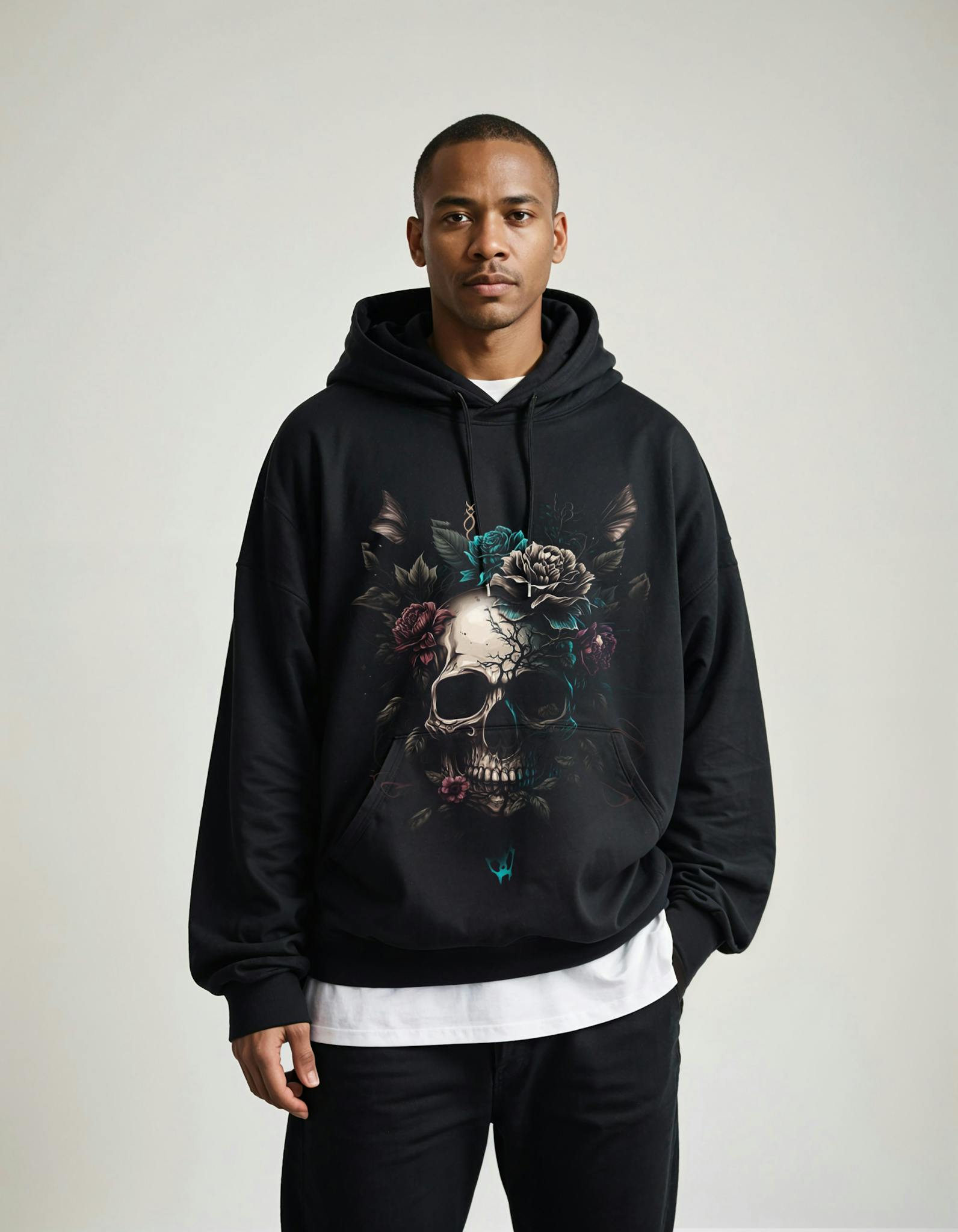 Stylish portrait of a model wearing a black hoodie with a floral skull design.
